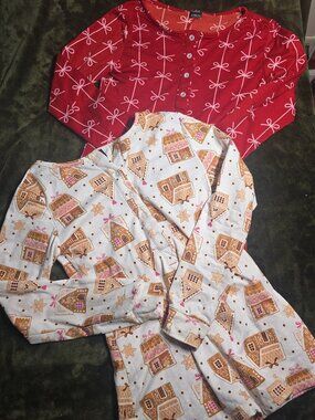 Set of 2 Five Below Christmas Pajama Rompers Women's S Bow & Gingerbread Onesie